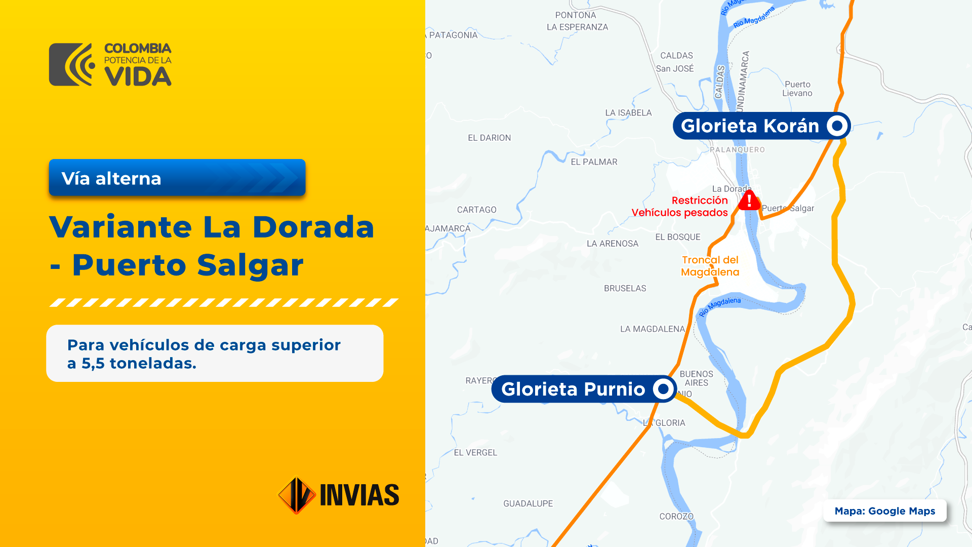 Ilustración que contiene la ficha del mapa de la variante La Dorada - Puerto Salgar.